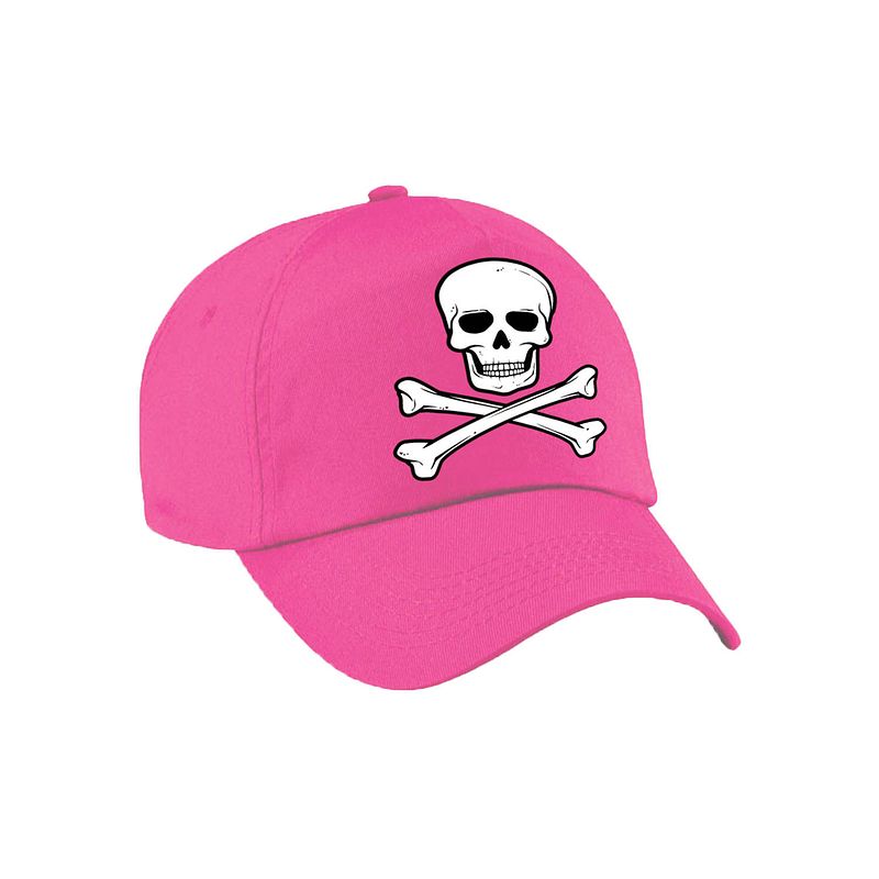 Foto van Foute party piraten verkleed pet / cap doodskop roze voor dames en heren - verkleedhoofddeksels