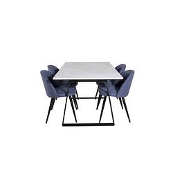 Foto van Estelle eethoek eetkamertafel marmer wit en 4 velvet eetkamerstal blauw.