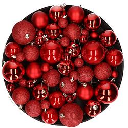 Foto van Kerstversiering set kerstballen rood 6 - 8 - 10 cm - pakket van 62x stuks - kerstbal