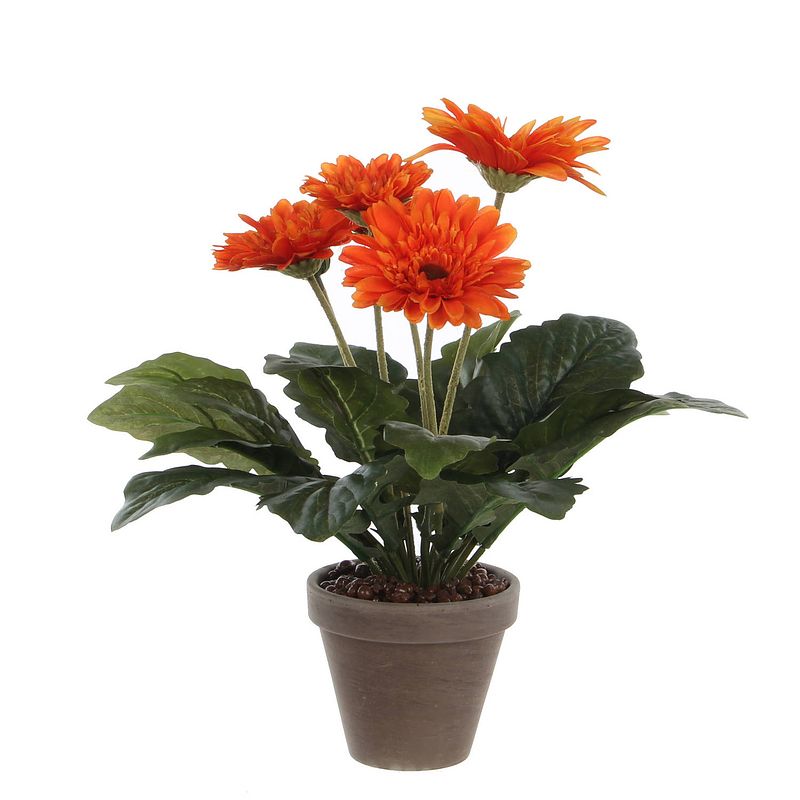 Foto van Gerbera kunstplant oranje in keramiek pot h35 cm - kunstplanten/nepplanten met bloemen