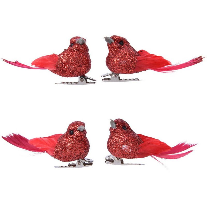 Foto van 4x decoratie vogeltjes glitter rood op clip 5 cm - kerstboomversiering / hobby materiaal / decoratie materialen