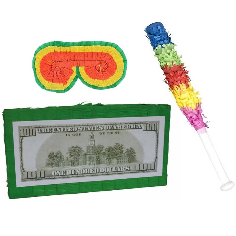 Foto van Verjaardag pinata dollar biljet van 50 cm set met stok en masker - pinatas