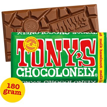 Foto van 2 voor € 4,50 | tony's chocolonely melk chocolade reep hazelnoot 180g aanbieding bij jumbo