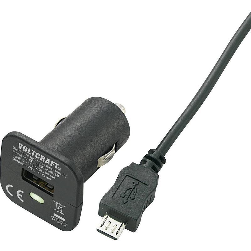 Foto van Voltcraft cps-1000 microusb usb-oplader auto uitgangsstroom (max.) 1000 ma 1 x micro-usb, usb