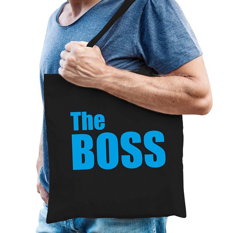 Foto van The boss tas / shopper zwart katoen met blauwe tekst voor heren - feest boodschappentassen