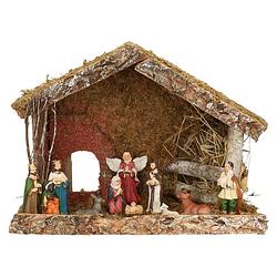 Foto van Complete kerststal met 11x st kerststal beelden - 32 x 17 x 25 cm - hout/polyresin - kerststallen