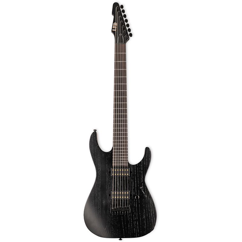 Foto van Esp ltd alex wade signature aw-7 baritone open grain black satin 7-snarige elektrische gitaar met koffer