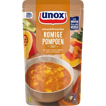 Foto van Unox romige pompoen soep met natuurlijke ingredienten 570ml aanbieding bij jumbo | 2 stazakken 570 ml