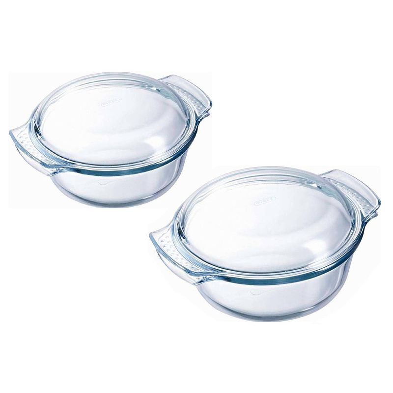 Foto van Ovenschalen set van glas met deksel - 2x - 3 en 2,1 liter - met easy grip - ovenschalen