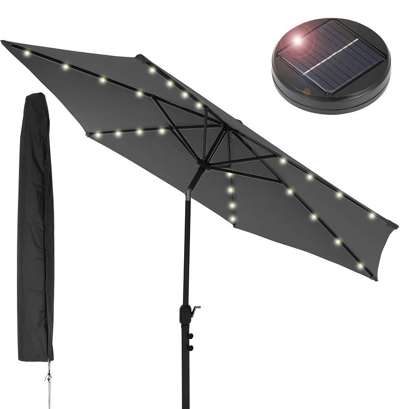 Foto van Parasol antraciet met led solar, ø300 cm, rond, met zwengel incl. afdekking