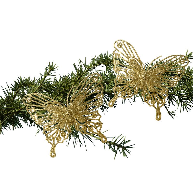 Foto van Decoris kerstboom vlinders op clip - 2x stuks -goud - 13 cm - glitter - kersthangers