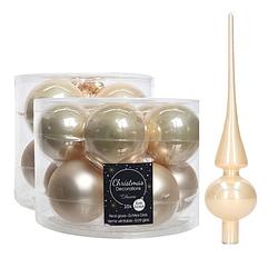 Foto van Glazen kerstballen pakket champagne glans/mat 32x stuks inclusief piek glans - kerstbal