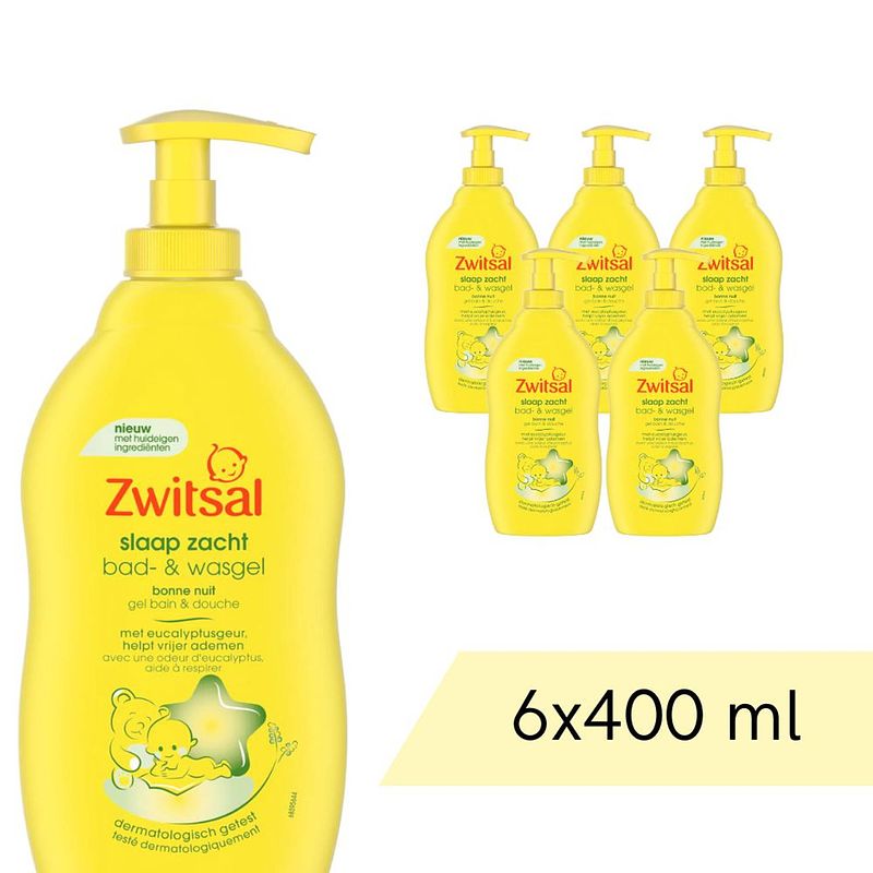 Foto van Voordeelverpakking: 6x zwitsal bad & wasgel - pompje - slaap zacht eucalyptus - 400 ml