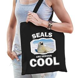 Foto van Katoenen tasje seals are serious cool zwart - zeehonden/ witte zeehond cadeau tas - feest boodschappentassen