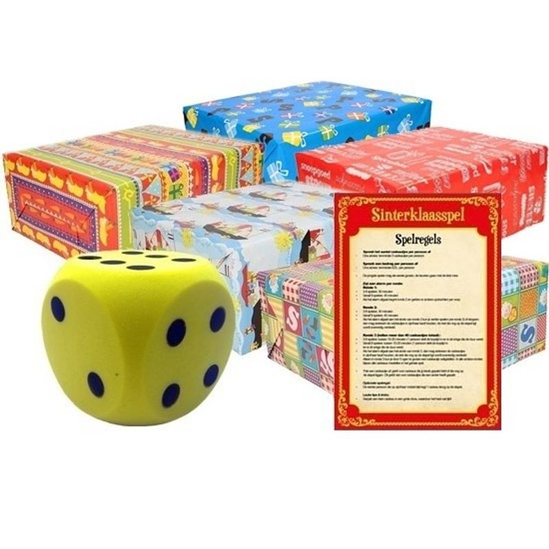 Foto van Sinterklaasavond/pakjesavond spel dobbelsteen geel en 5x cadeaupapier/inpakpapier rollen - dobbelspellen