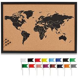 Foto van Prikbord wereldkaart met 20x punaise vlaggetjes - 60 x 40 cm - kurk - prikborden