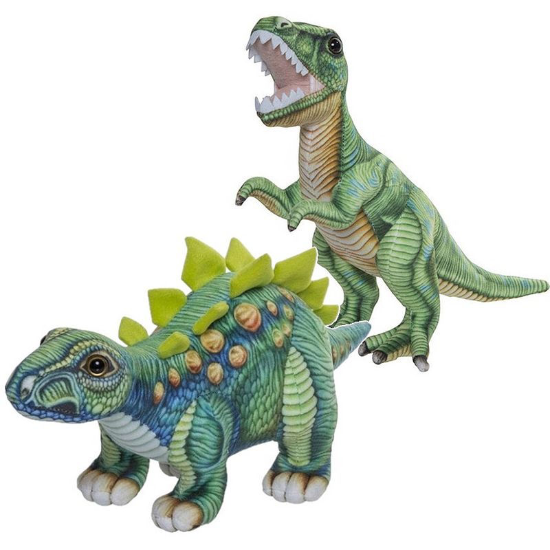 Foto van Speelgoed set van 2x pluche dino knuffels t-rex en stegosaurus van 30 cm - knuffeldier