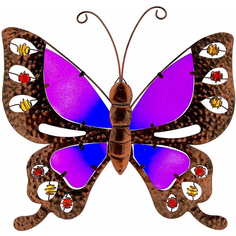 Foto van Metalen vlinder met glas 36 x 36 cm - wanddecoratie - tuindecoratie