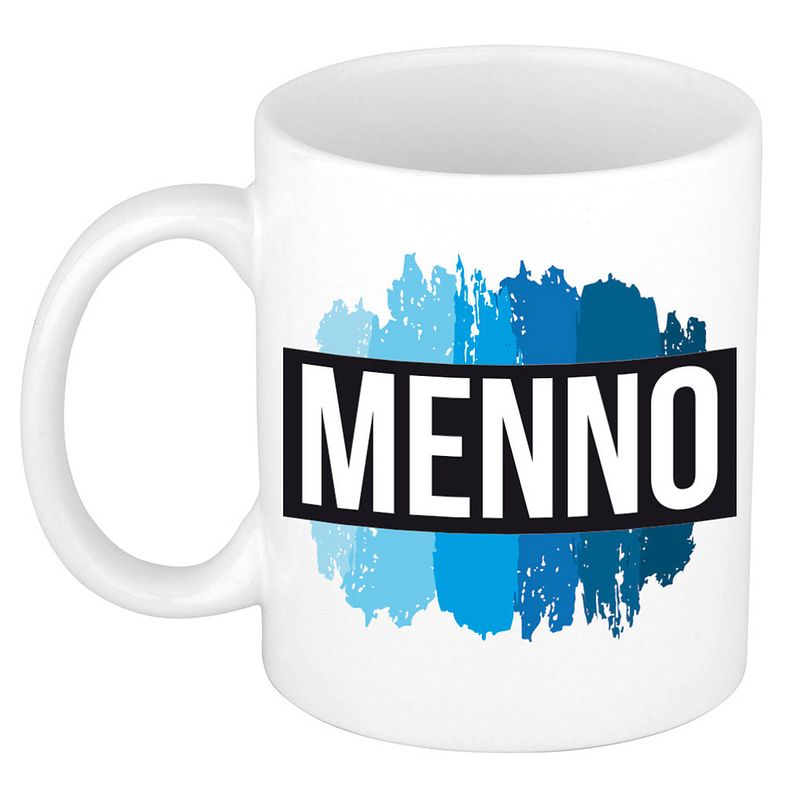 Foto van Naam cadeau mok / beker menno met blauwe verfstrepen 300 ml - naam mokken