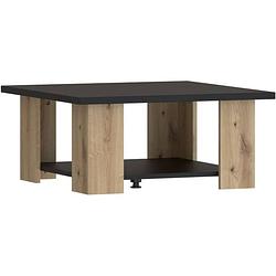 Foto van Pilvi salontafel met 2 dienbladen - eigentijdse stijl - melaminedeeltjes - eiken en zwart decor - l 67 x d 67 x h 31 cm