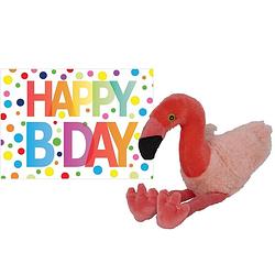 Foto van Pluche knuffel flamingo 32 cm met a5-size happy birthday wenskaart - vogel knuffels