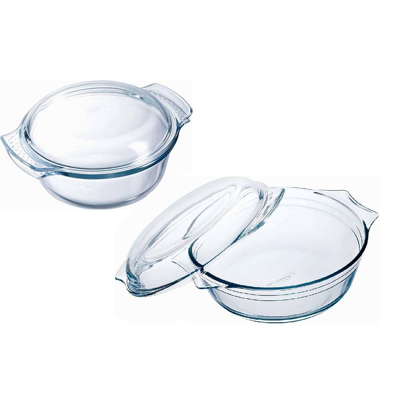 Foto van Ovenschalen set van glas met deksel - 2x - 3,0 en 2,1 liter - met easy grip - ovenschalen