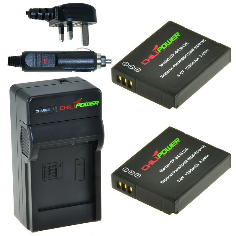 Foto van 2 x dmw-bcm13 accu's voor panasonic - charger kit + car-charger - uk version