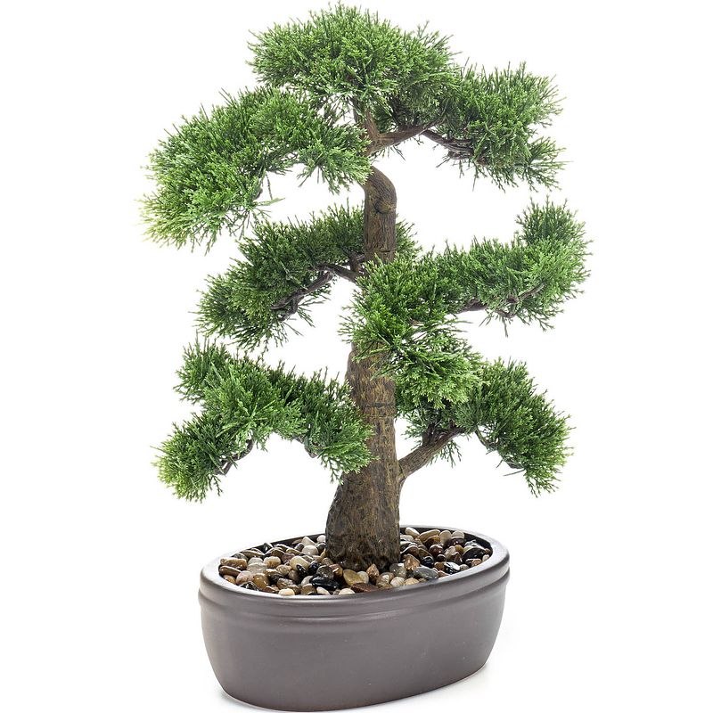 Foto van Bonsai boompje cedrus atlantica glauca kunstplant in ovale kunststof pot 45 cm - kunstplanten