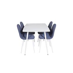 Foto van Polar120x80whwh eethoek eetkamertafel wit en 4 polar eetkamerstal blauw, wit.