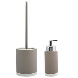 Foto van Msv toiletborstel in houder 38 cm/zeeppompje set moods - keramiek/rvs - taupe/beige - badkameraccessoireset