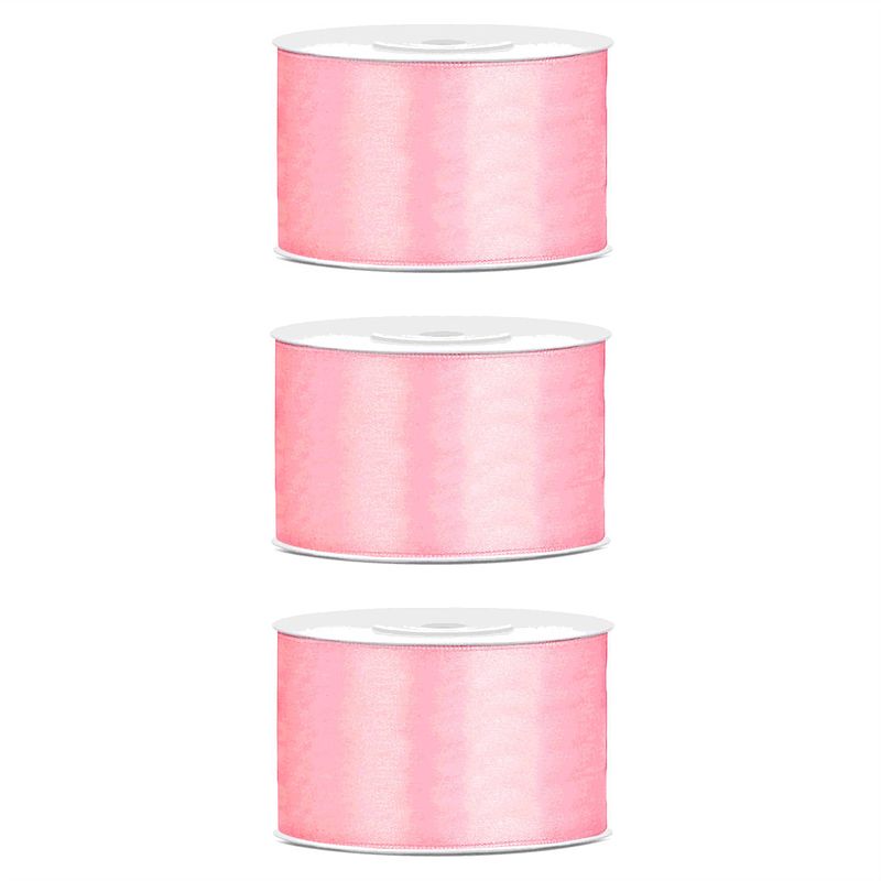 Foto van 3x hobby/decoratie licht roze satijnen sierlinten 3,8 cm/38 mm x 25 meter - cadeaulinten