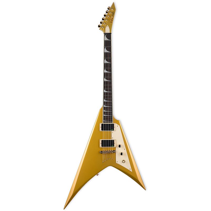 Foto van Esp ltd kirk hammett signature kh-v metallic gold elektrische gitaar met koffer