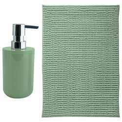 Foto van Msv badkamer droogloop mat - milano - 40 x 60 cm - met bijpassend zeeppompje - groen - badmatjes