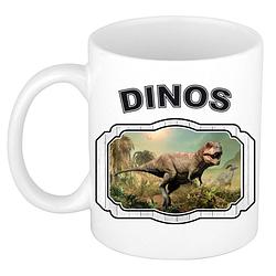 Foto van Dieren stoere t-rex dinosaurus beker - dinosaurs/ dinosaurussen mok wit 300 ml - feest mokken