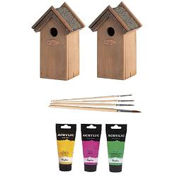 Foto van 2x houten vogelhuisje/nestkastje 22 cm - roze/geel/groen dhz schilderen pakket - vogelhuisjes