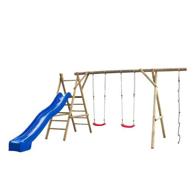 Foto van Swingking speeltoestel noortje met 2 schommels + glijbaan + klimtouw - blauw