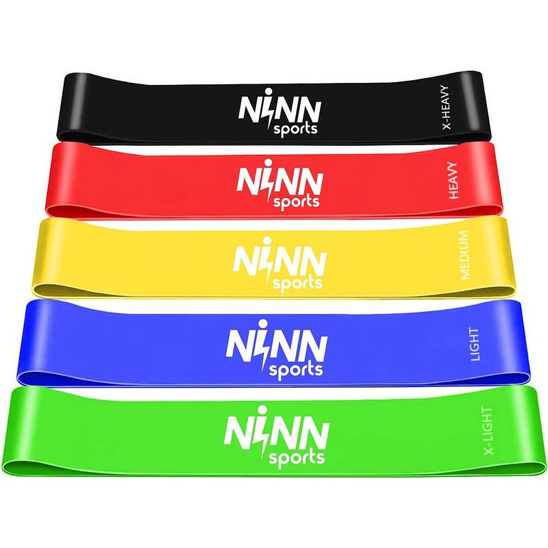 Foto van Ninn sports - premium weerstandsbanden - set van 5 resistance banden - incl ebook - valentijn cadeautje voor haar