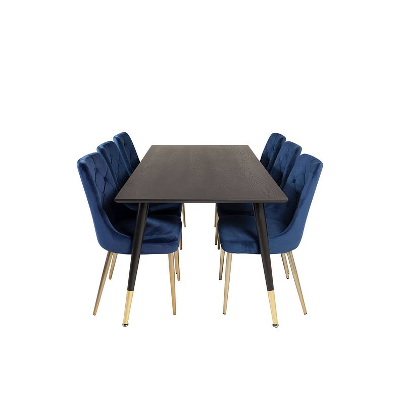 Foto van Dipp180x90blbr eethoek eetkamertafel zwart en 6 velvet deluxe eetkamerstal velours blauw, messing decor.