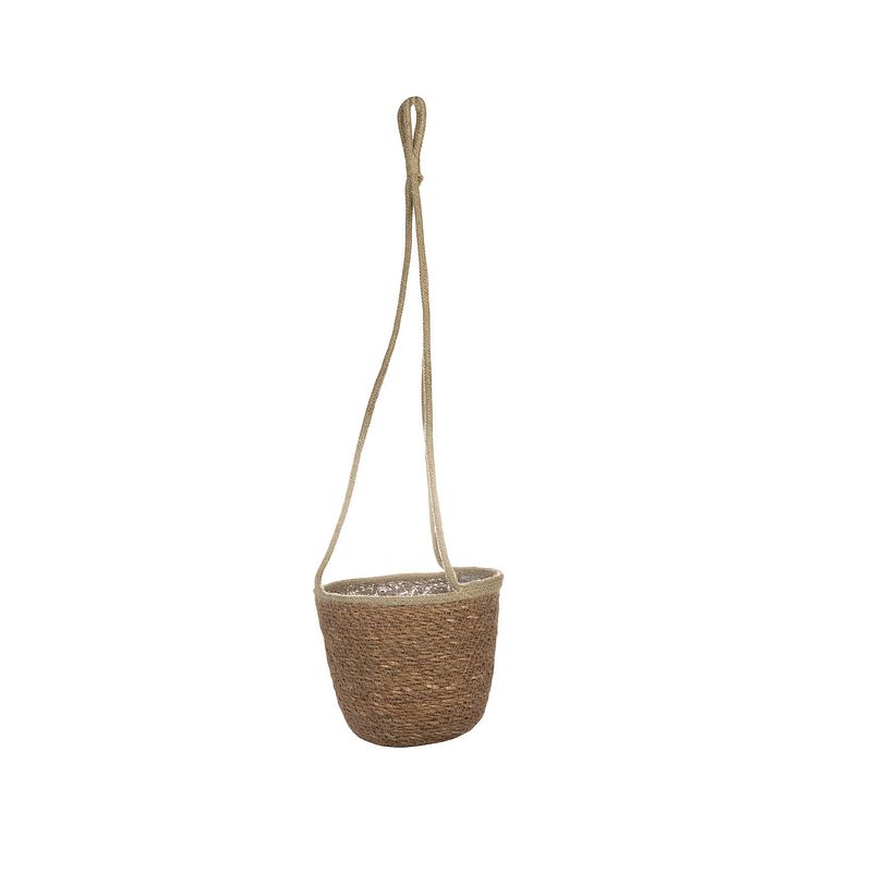 Foto van Hangende plantenpot/bloempot van jute/zeegras diameter 19 cm en hoogte 17 cm camel bruin - plantenpotten