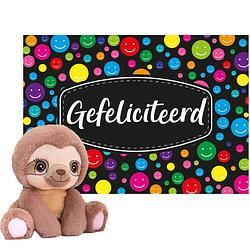 Foto van Keel toys - cadeaukaart gefeliciteerd met knuffeldier luiaard 16 cm - knuffeldier