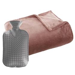 Foto van Fleece deken/plaid oud roze 125 x 150 cm en een warmwater kruik 2 liter - plaids