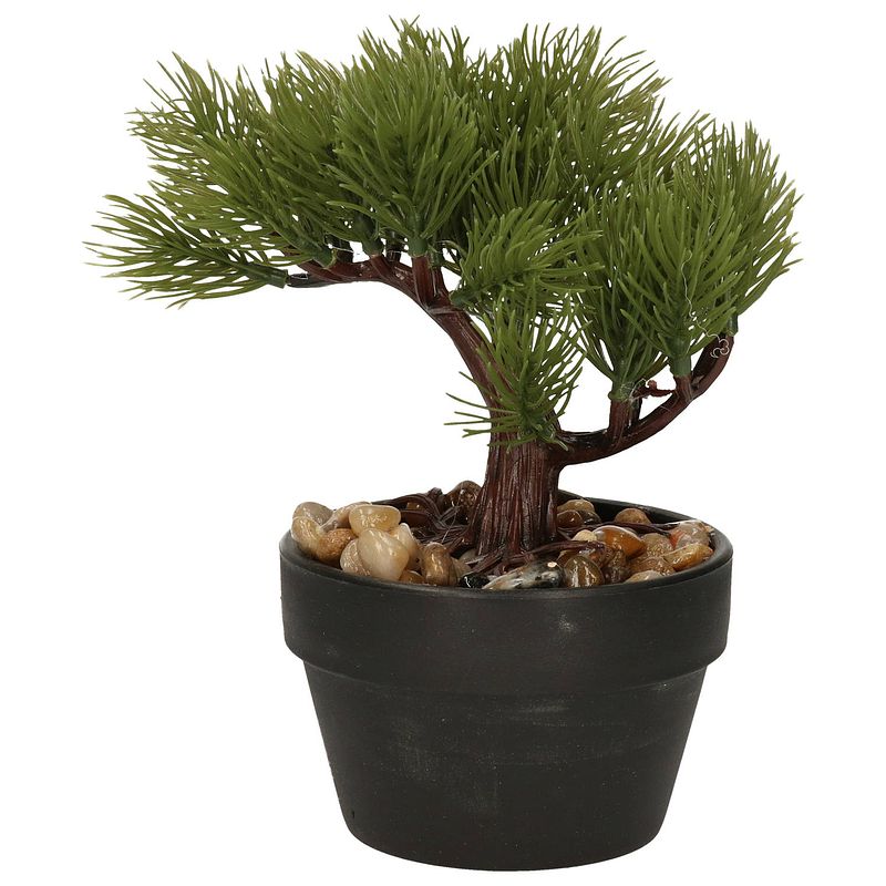Foto van Kunstplant bonsai boompje in pot - japans decoratie - 19 cm - type needle - kunstplanten