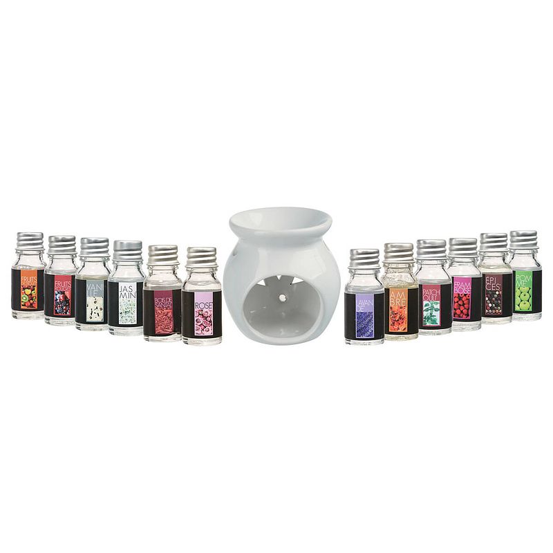 Foto van Geurolie flesjes mix-set van 12 stuks - aromabrander en flesjes van 10 ml - geurbranders - geurolie