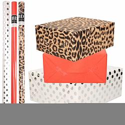 Foto van 6x rollen kraft inpakpapier/folie pakket - panterprint/rood/wit met zilveren stippen 200 x 70 cm - cadeaupapier