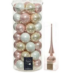 Foto van 49x stuks glazen kerstballen lichtroze/parel/wit 6 cm inclusief lichtroze piek - kerstbal