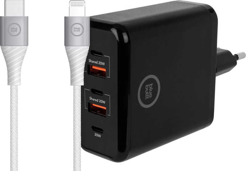 Foto van Bluebuilt snellader 5 usb poorten 20w zwart + usb c naar lightning kabel 1,5m