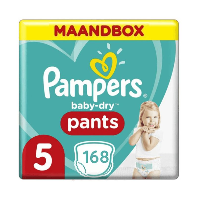 Foto van Pampers baby dry nappy pants maat 5 - 168 luierbroekjes maandbox