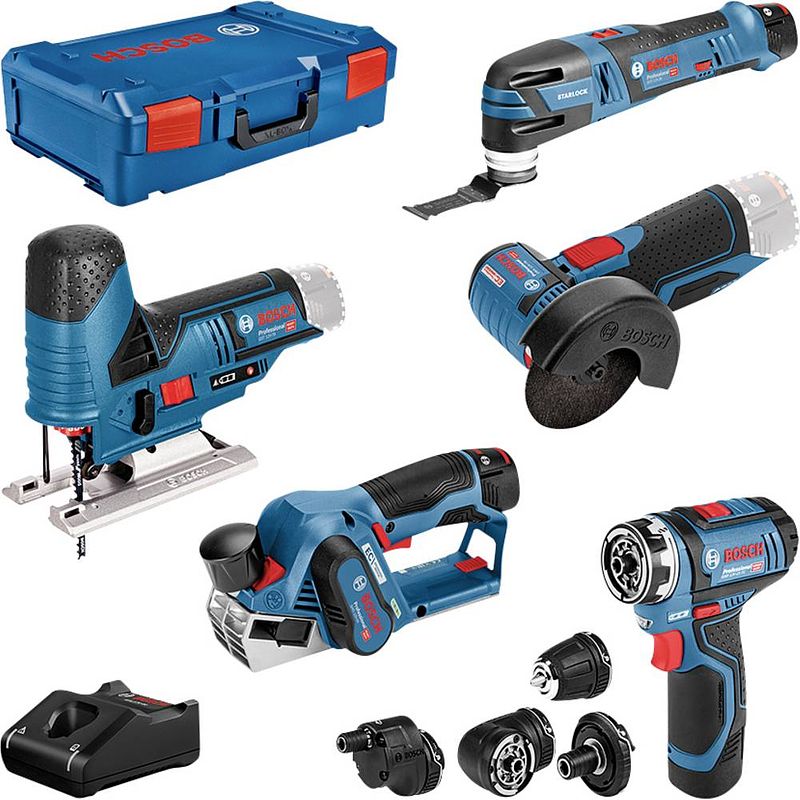 Foto van Bosch professional 5 tool kit + gba + gal + xl-boxx 0615a0017d gereedschapsset universeel in koffer 10-delig