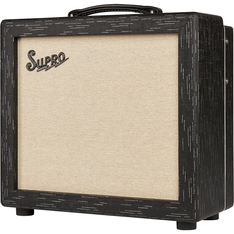 Foto van Supro 1612rt amulet 1x10 black scandia 15w gitaarversterker combo met buizen reverb en tremolo