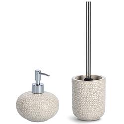 Foto van Wc/toiletborstel in houder met zeeppompje - keramiek - beige - structure - toiletborstels